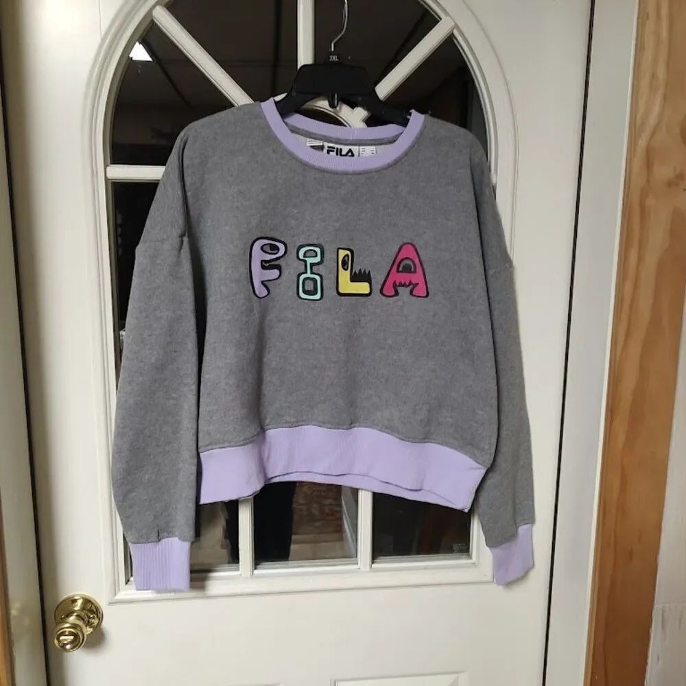 New Fila Gray Lavendar Doodle Crew Sweatshirt Size Women's L